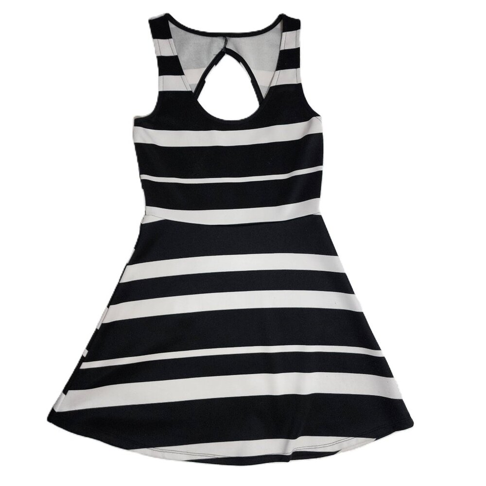 Black & White Stripe Sleeveless Peek-A-Boo Back Fit & Flare Dress XS Excellent